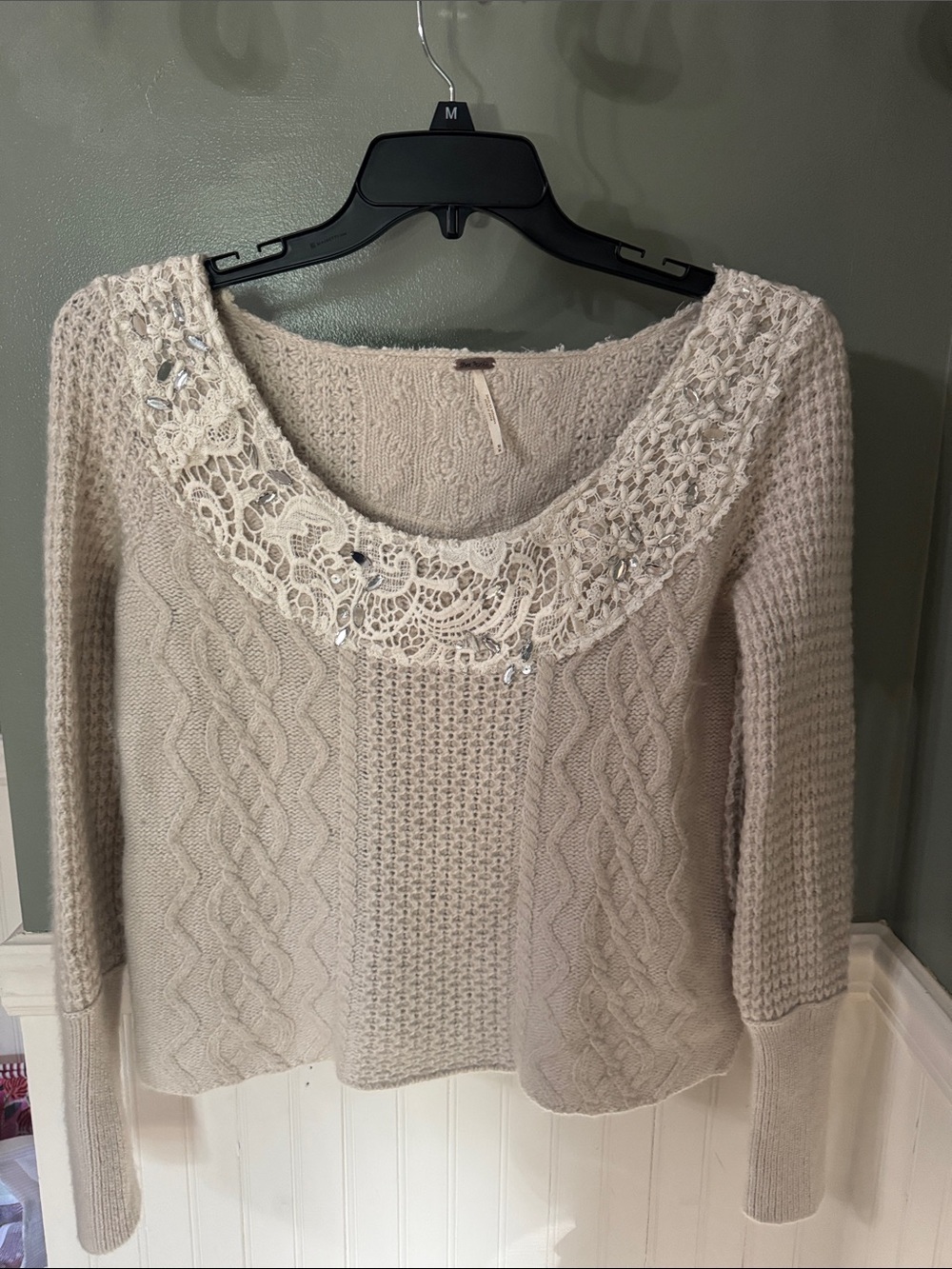 Free People Women's Cream Cable Knit Scoop Neck Sweater with Lace & Bead Detail